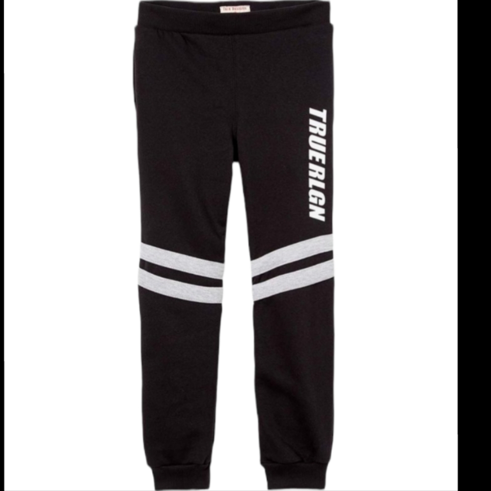 ***NWT BOYS MEDIUM TRUE RELIGION BLACK/WHITE DOUBLE STRIP JOGGERS***